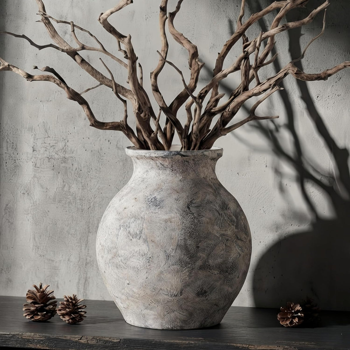 Lvases 10in XL White Ceramic Vase, Aged Stone Cement Mediterranean Vase