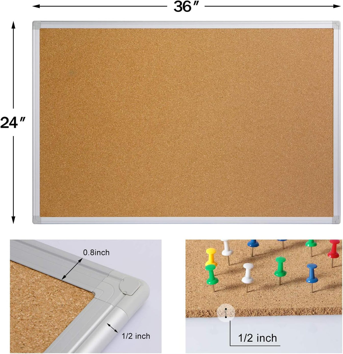 Cork Board Bulletin Board 24 x 36, Silver Aluminium Framed 2x3 Corkboard, Off...