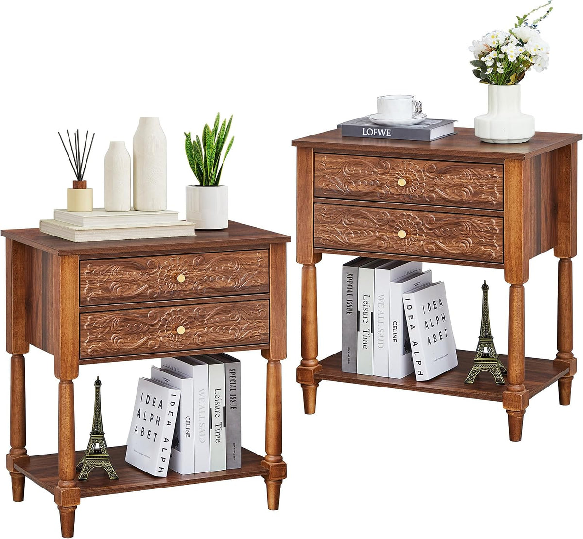 Nightstand, Farmhouse Bedside Table with 2 Drawers and Open Shelf
