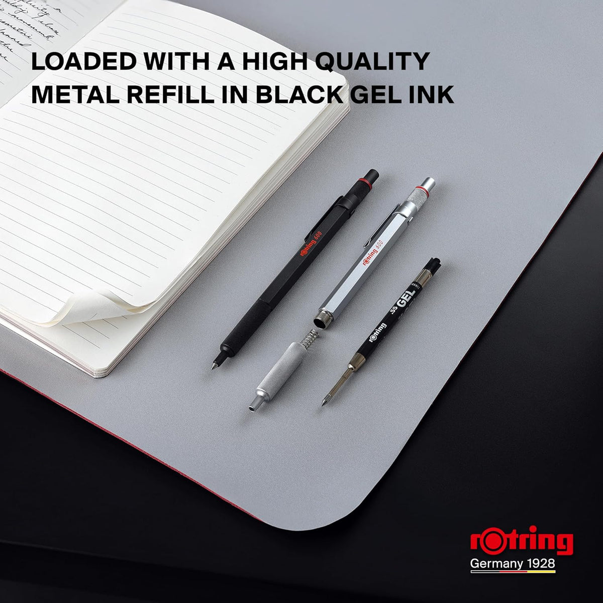 rOtring 600 Gel Pen | 0.55 mm | Black Ink | Silver Metal Body Pen | Non-Slip ...