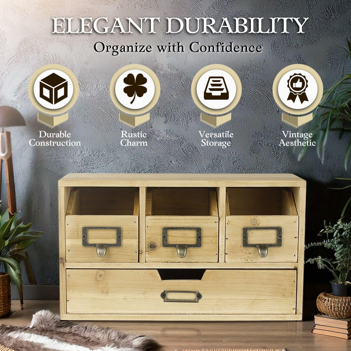 Flexzion Wooden Apothecary Drawers, 4-Drawer Desktop Organizer Cabinet