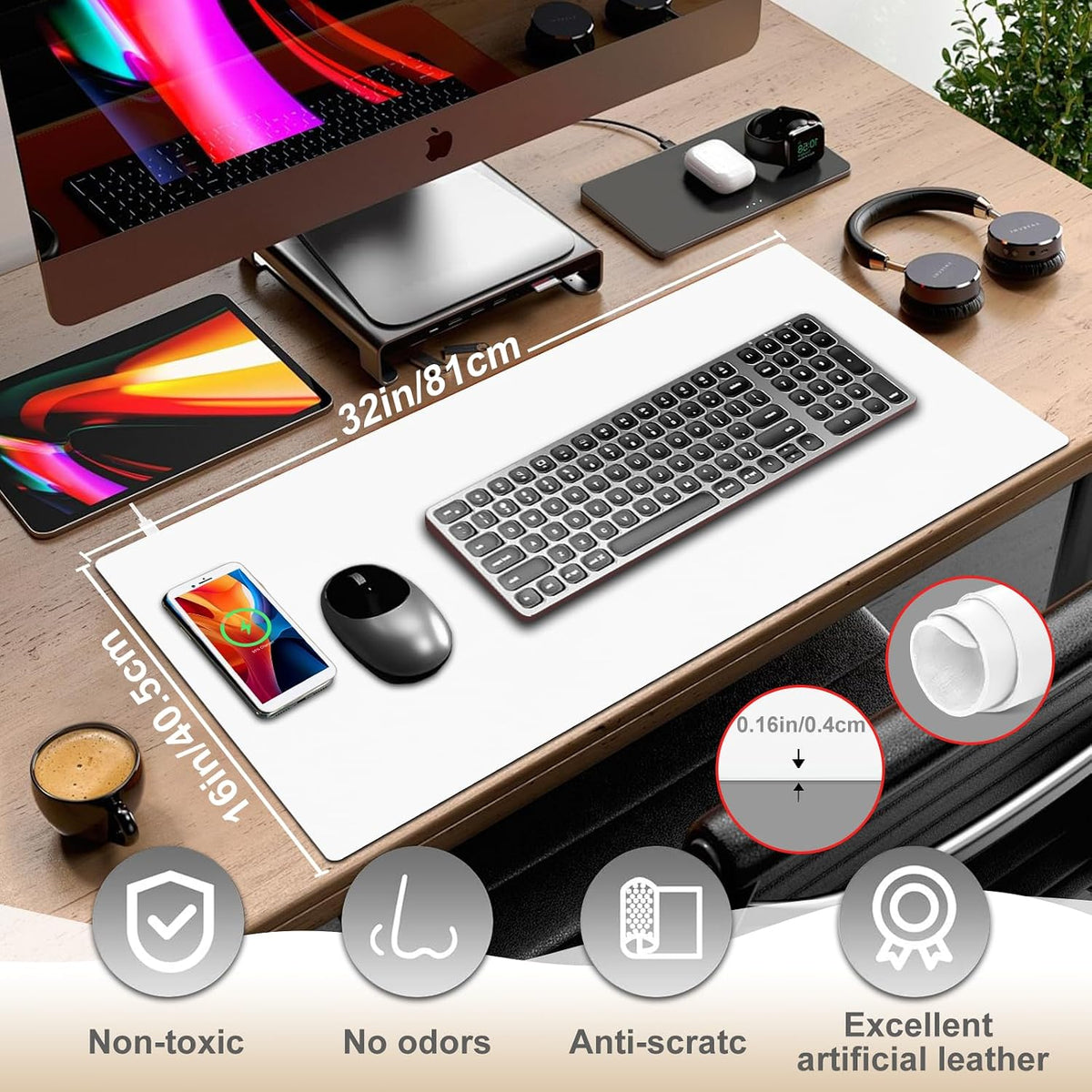 Desk Mat with Wireless Charging, White Mouse Pad with Wireless Charger, Desk ...