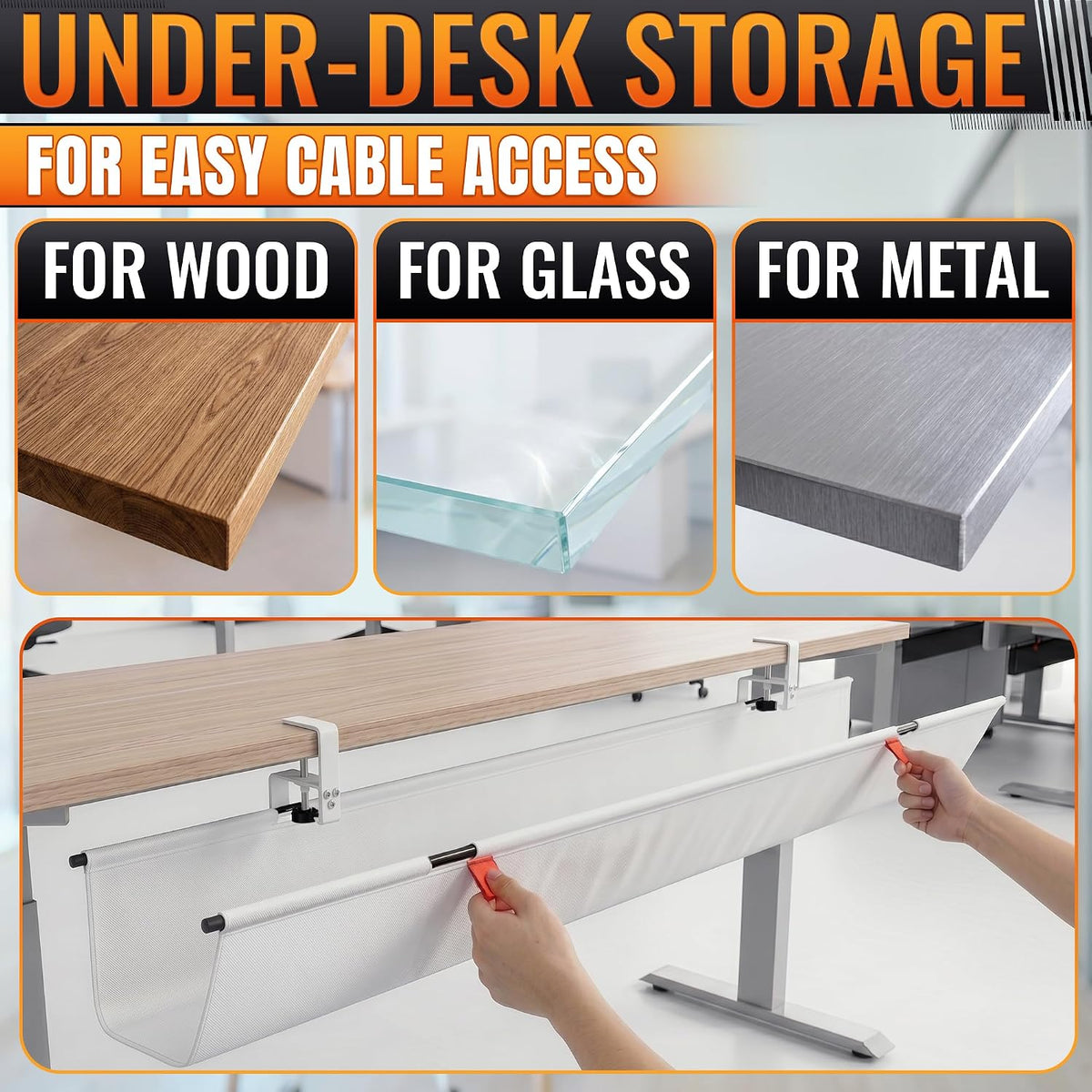 Under Desk Cable Management Tray 48" — No Drill Clamp-On Cord Organizer ...