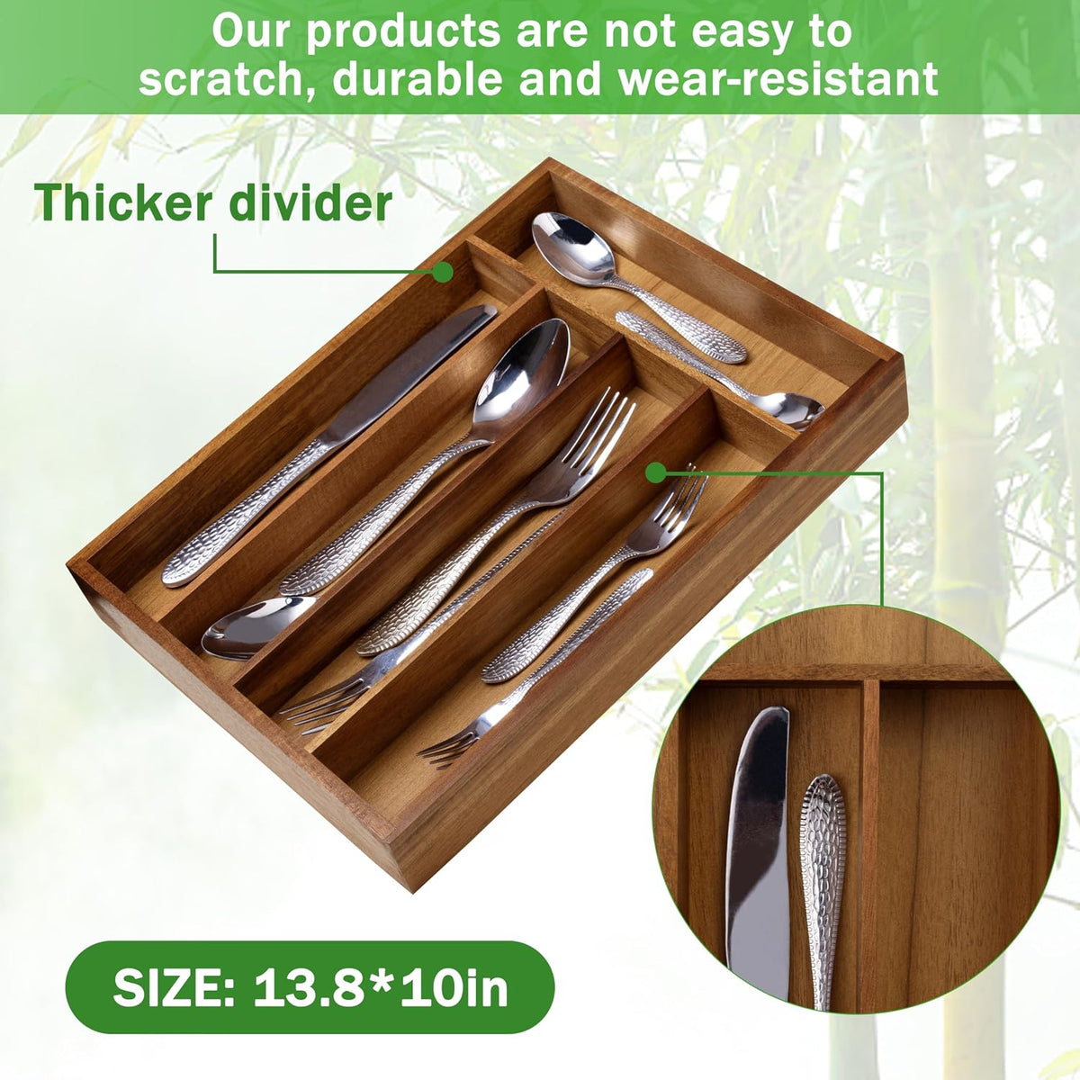 Greenual Acacia Wood Silverware Organizer 10 In Utensil Organizer Silverware ...