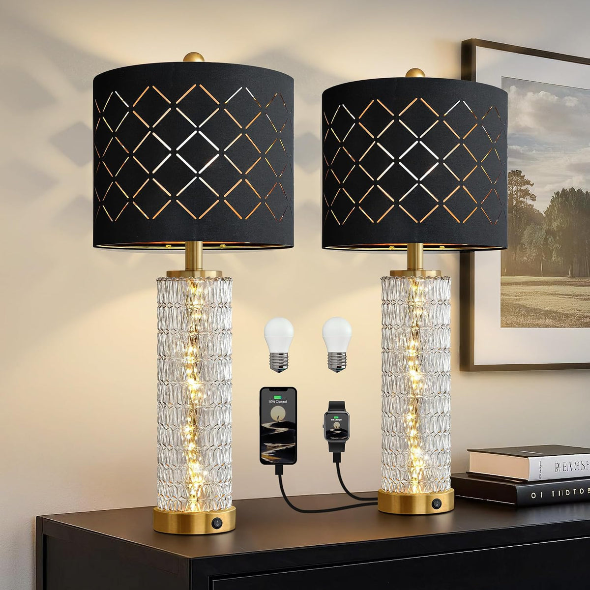 Oneach 27.75" Gold Black Table Lamps Set of 2 with Nightlight for Bedside
