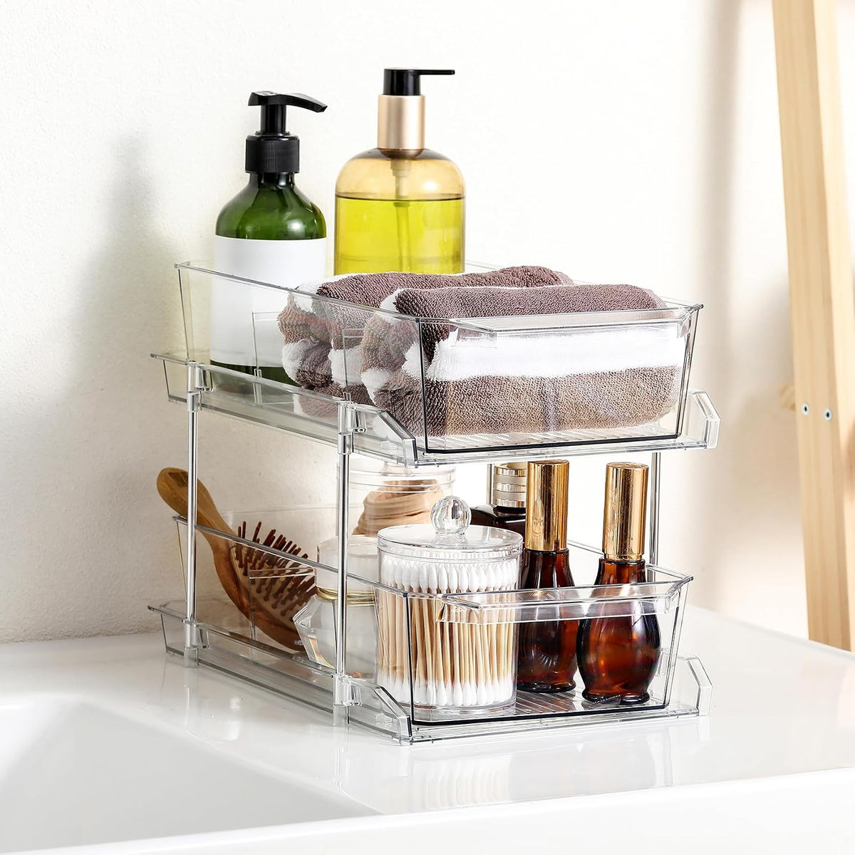 2 Set, 2 Tier Clear Organizer with Dividers for Cabinet, Shlef, Counter - Mul...