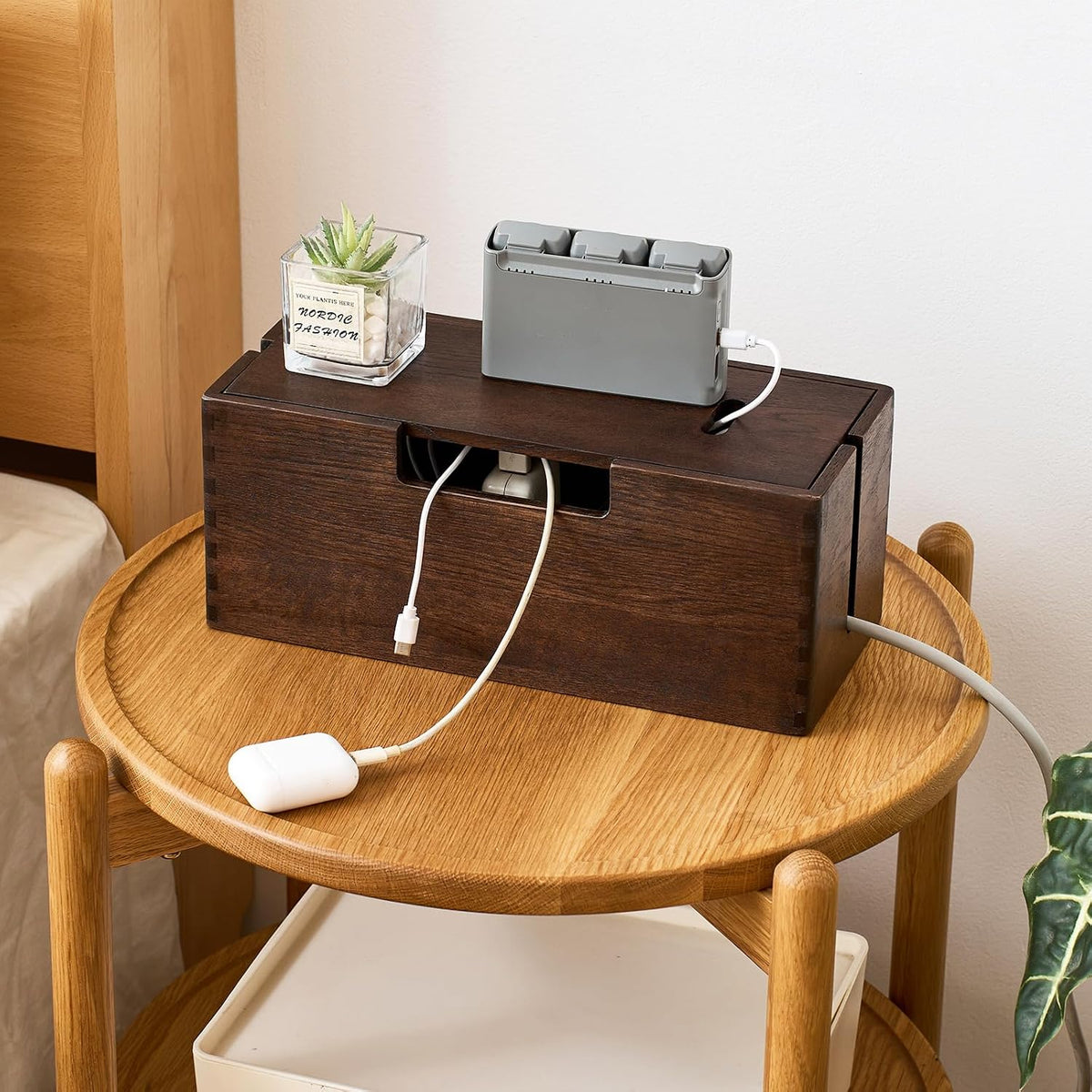 Oak Wood Cable Management Box - Large Cord Hider & Organizer with Magneti...