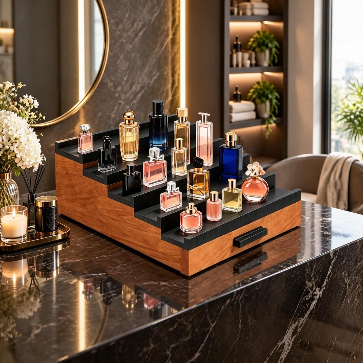 Beautiful Gift Bamboo Cologne Organizer 5-Tier:Hidden Storage Drawer