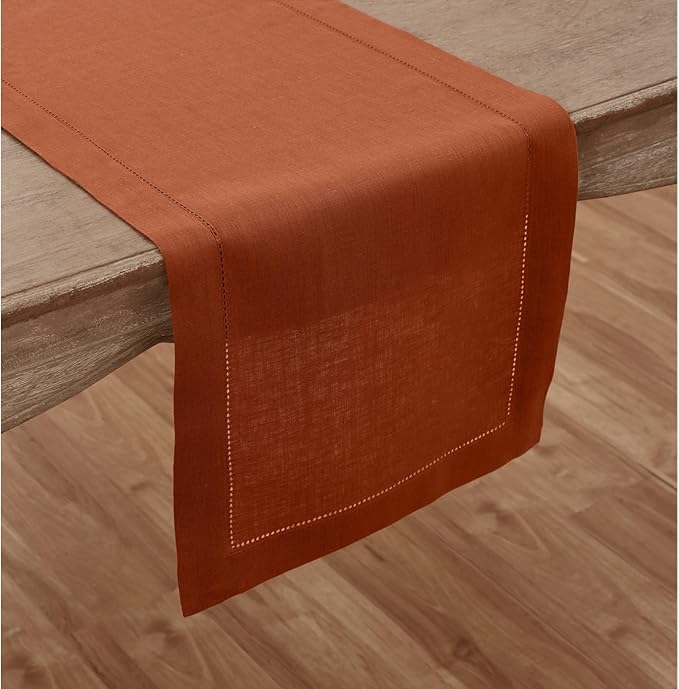 Solino Home Linen Hemstitch Table Runner 36 Inches - 100% Pure Linen Cinnamon...
