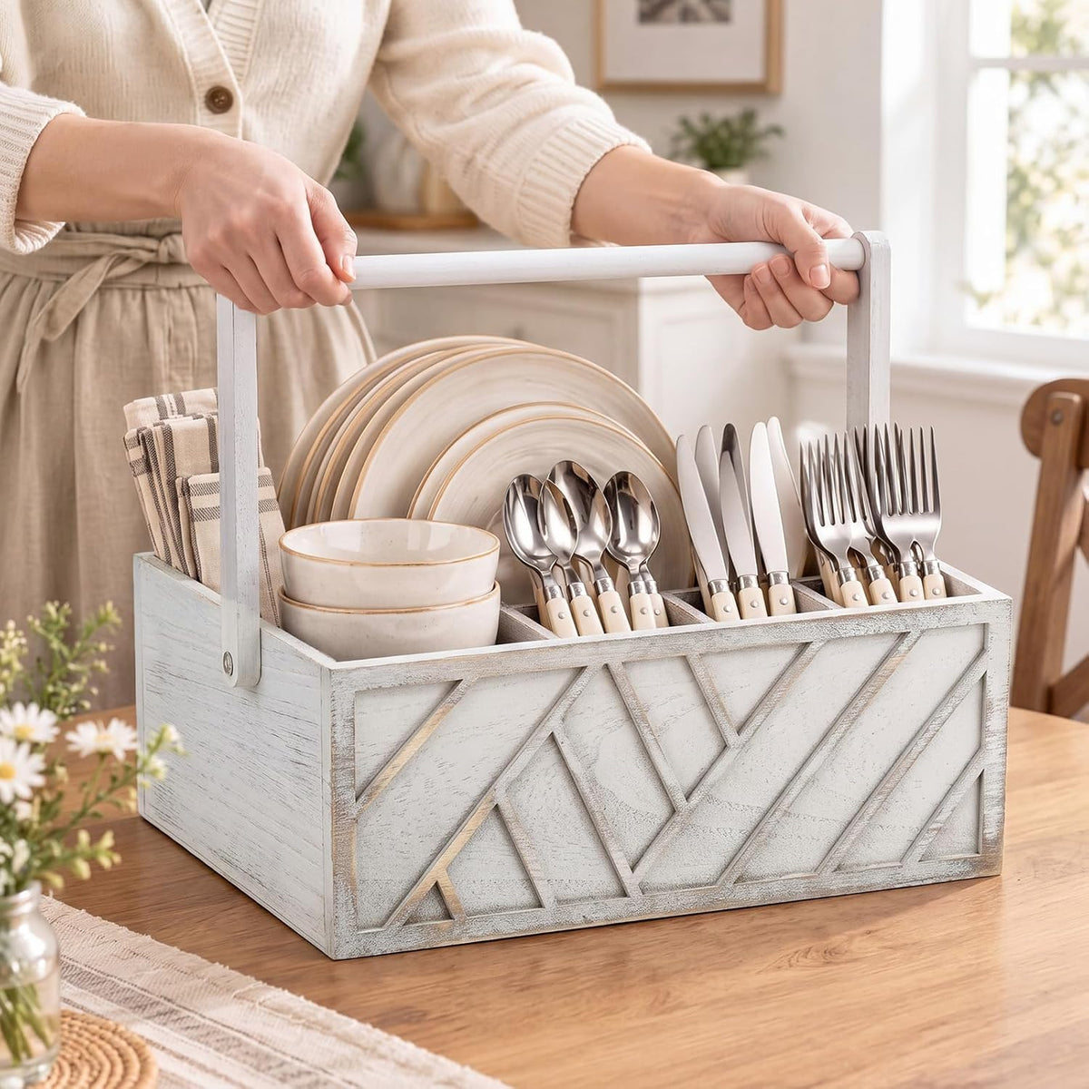13 Inch Silverware Caddy with Handle, Wooden Utensil Plate Holder,White