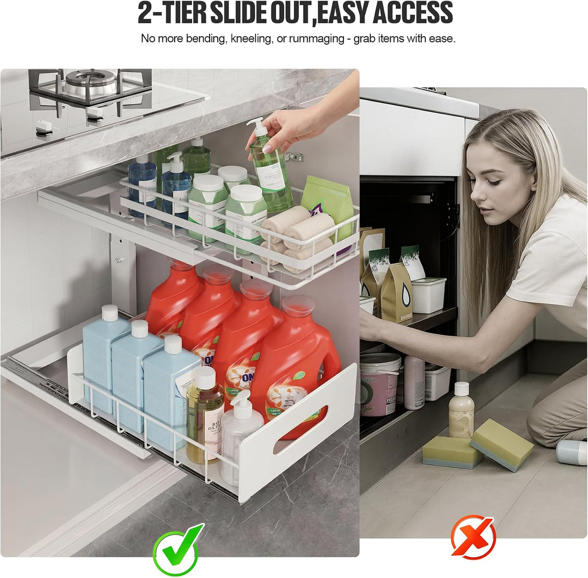 Under Sink Organizer Upgrade To Professional Rails,2-Tier Dual Pull Out Cabin...