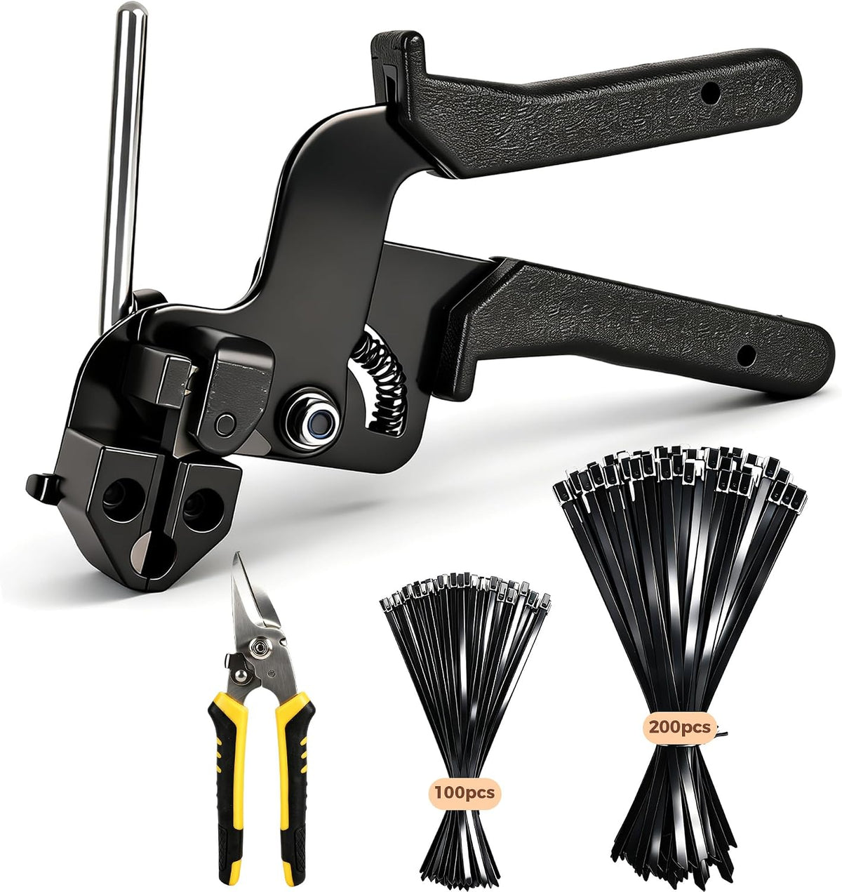 304 Stainless Steel Cable Tie Gun Kit, 300 Pcs Black