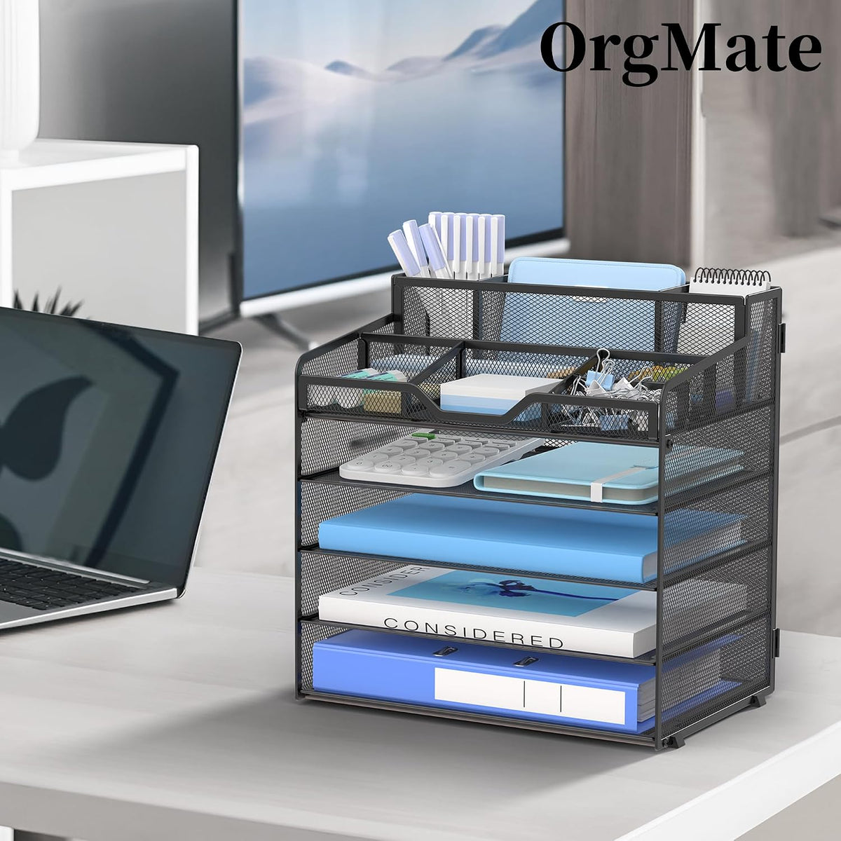 5 Tier Mesh Paper Desk Organizer with Pen Holders, Black