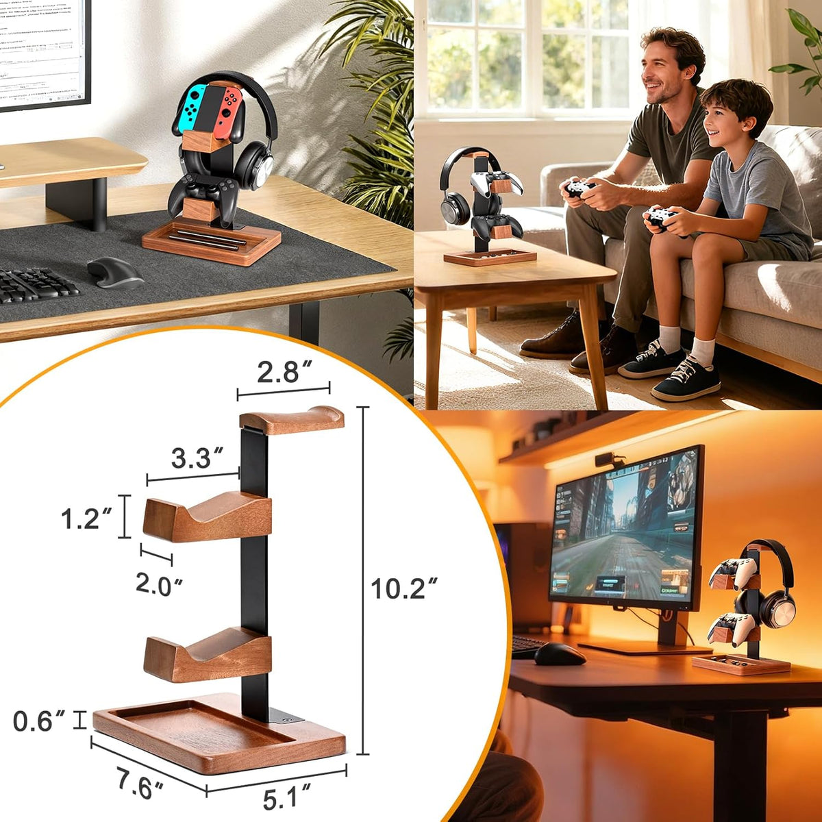 Solid Wood Controller Holder and Headphone Stand, Controller Stand for Desk