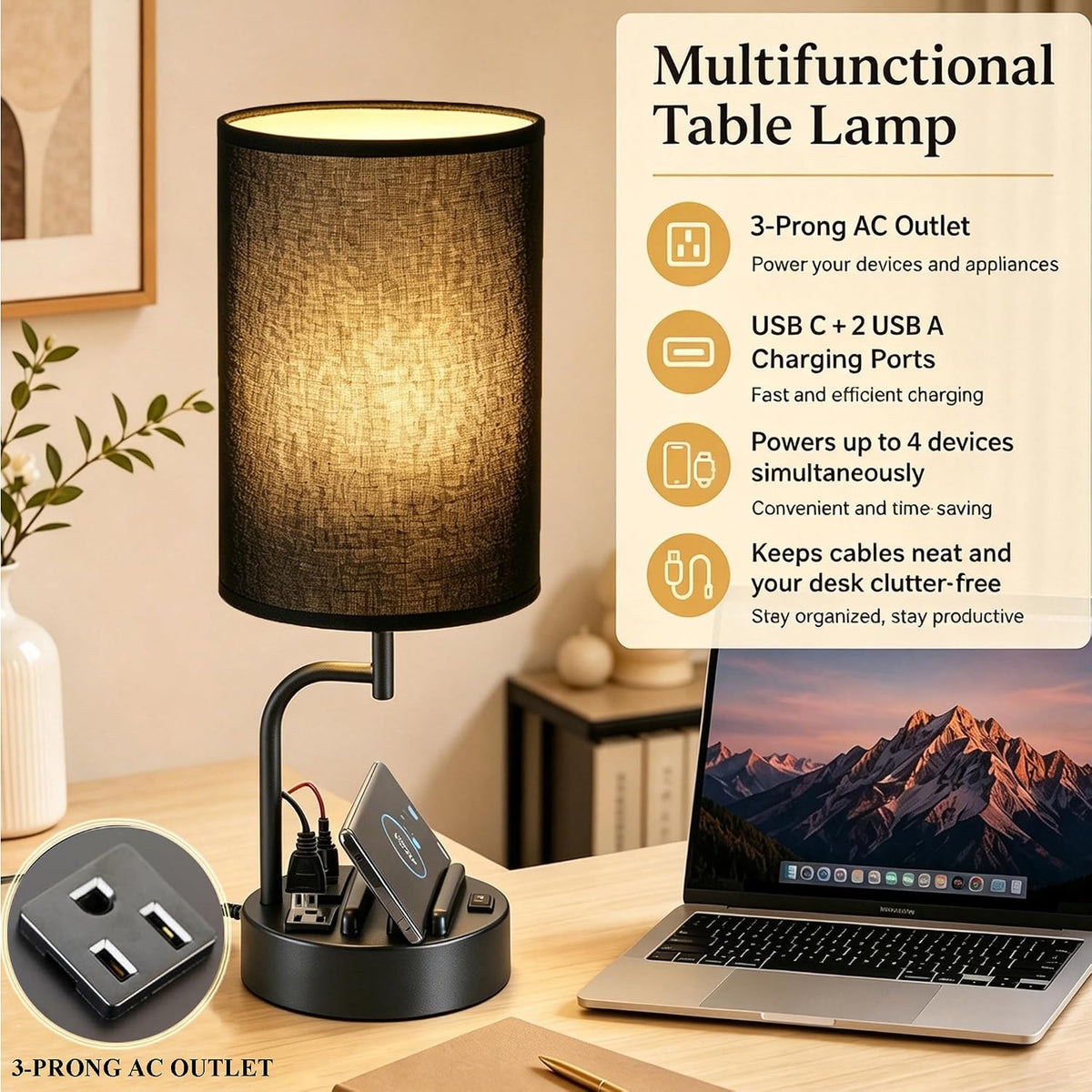 Dreamholder 2 Pack Table Lamp, Bedside Lamp with 3 USB Charging Ports & A...