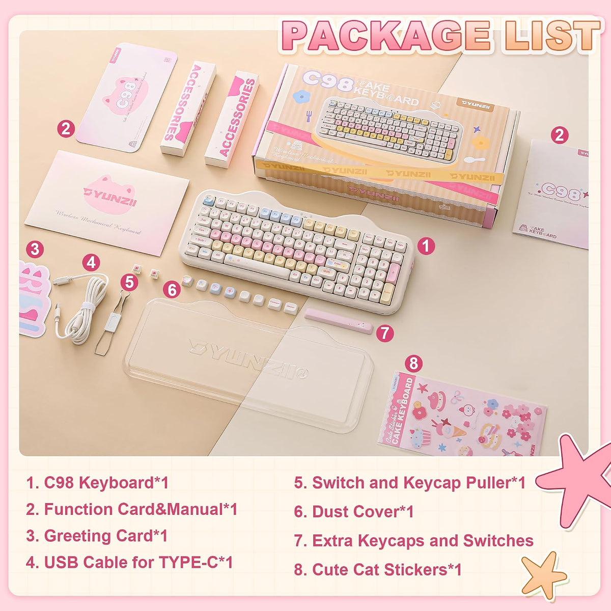 YUNZII C98 Cute Cake Wireless Mechanical Keyboard(Beige, Milk Switch)