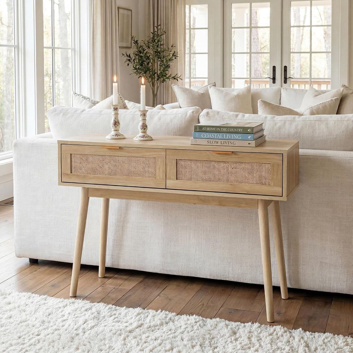HOPUBUY Console Table Rattan Desk with Drawers, Narrow Sofa
