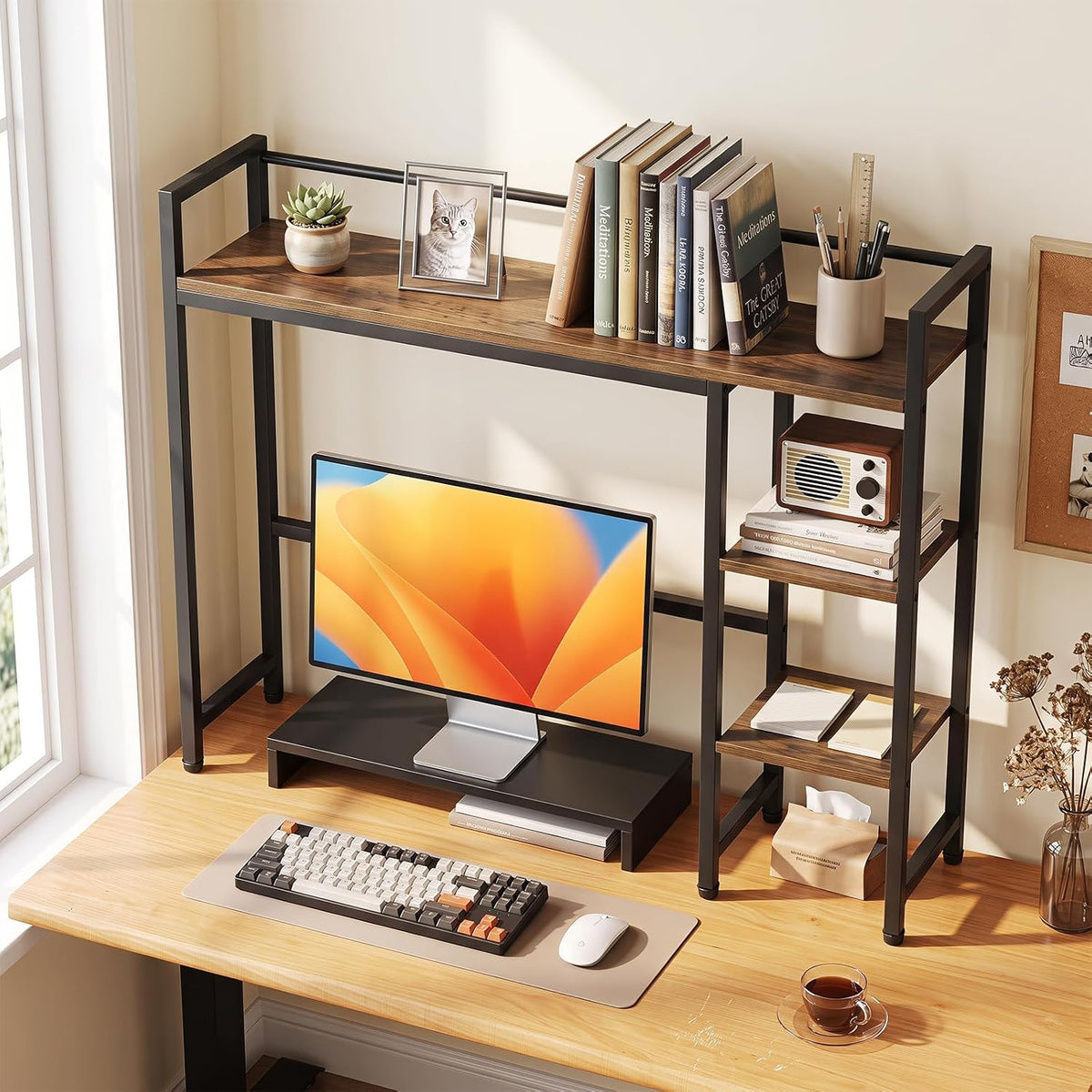 Tangkula 4-Tier Desktop Bookshelf, 38.5" Dorm Desk Hutch, Rustic Brown