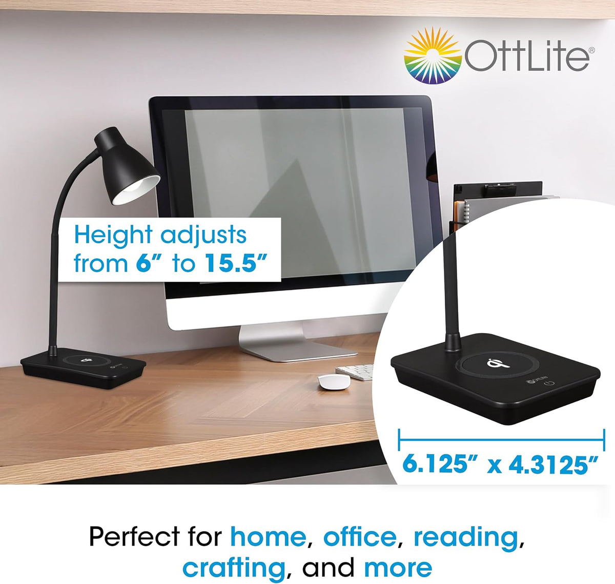 OttLite Infuse LED Desk Lamp with Wireless Charging, Black