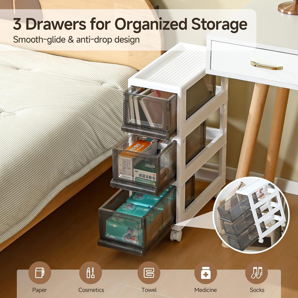 Plastic 3 Drawer Storage Organizer, Narrow Plastic Storage Drawers with Wheel...