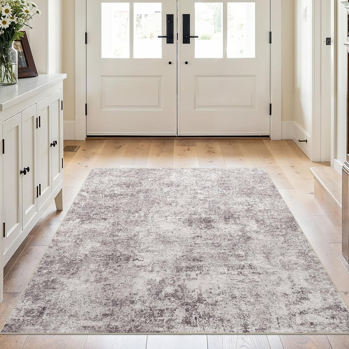 4x5 Washable Area Rug: Wide Abstract Neutral Entryway Carpet GrayCream