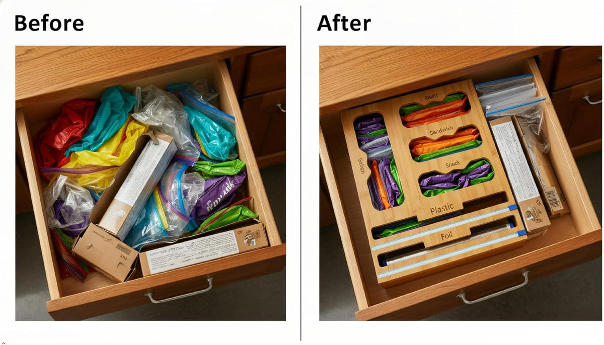 Storage Bag organizer, 6 in 1 Foil and Plastic Wrap Dispenser with Cutter, Ba...