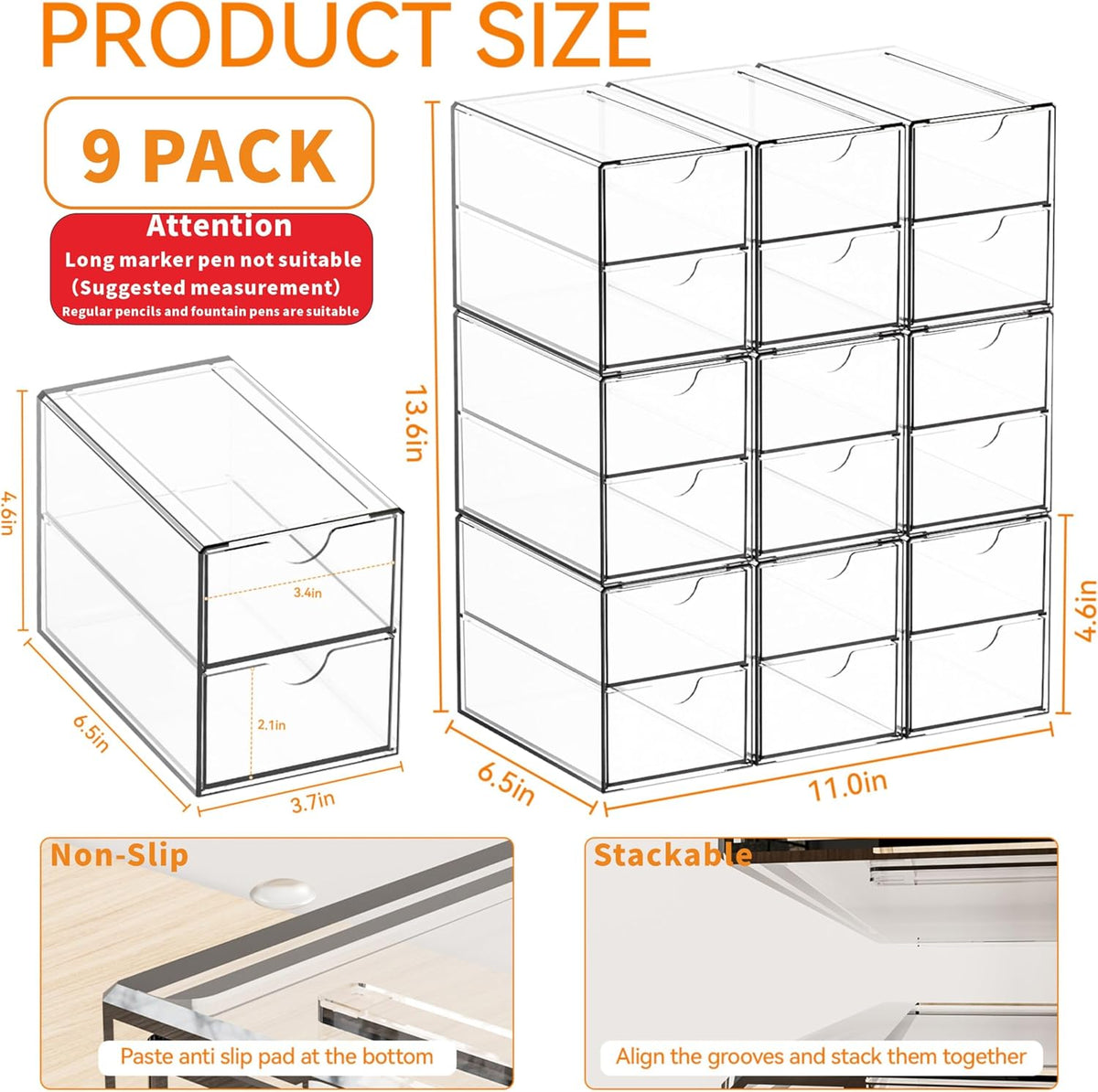 Yieach 9 Pack Small Acrylic Drawers With 18 Drawers,Clear Drawer Organizers S...