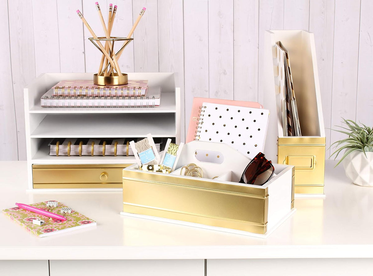 Kate and Laurel Industrious Desktop Wood Letter Tray with 3 Trays and Drawer,...