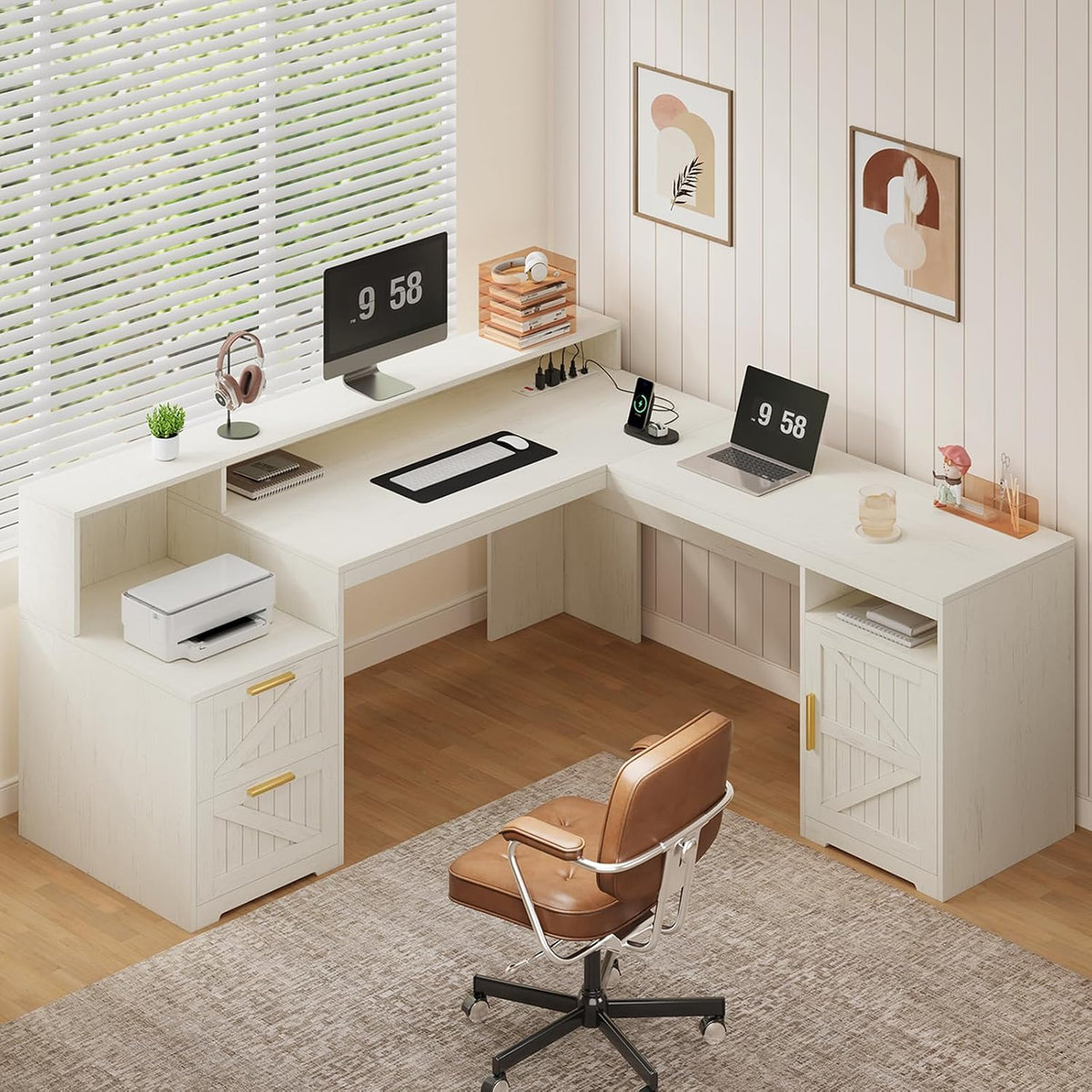 YOMILUVE 63" Farmhouse L Shaped Executive Desk with Drawers & Storag...