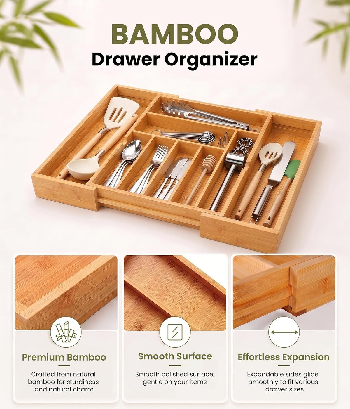 Expandable Bamboo Silverware Organizer, Kitchen Utensil Drawer Organizer
