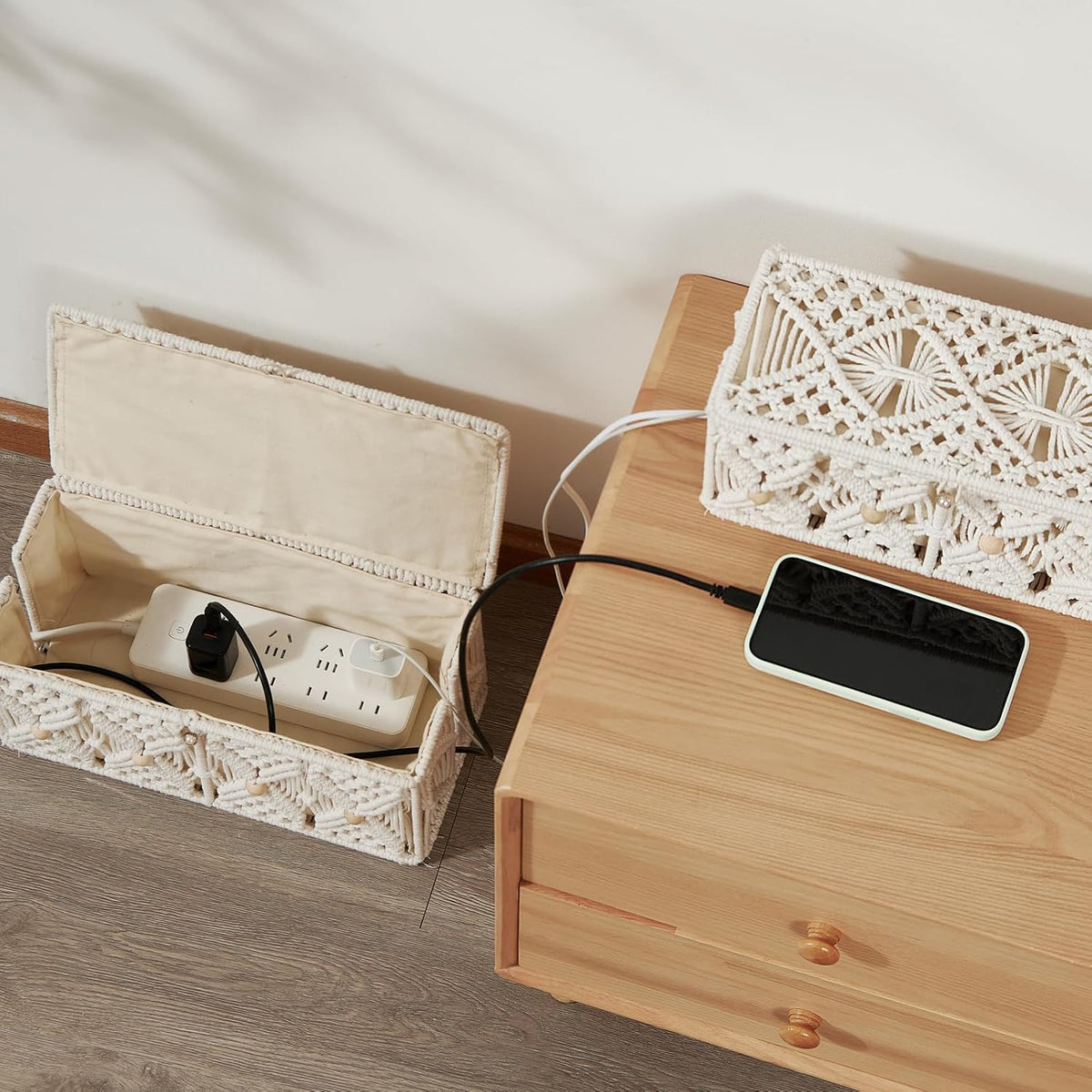 2PCS Cable Management Box Handmade Macrame Cord Organizer Basket