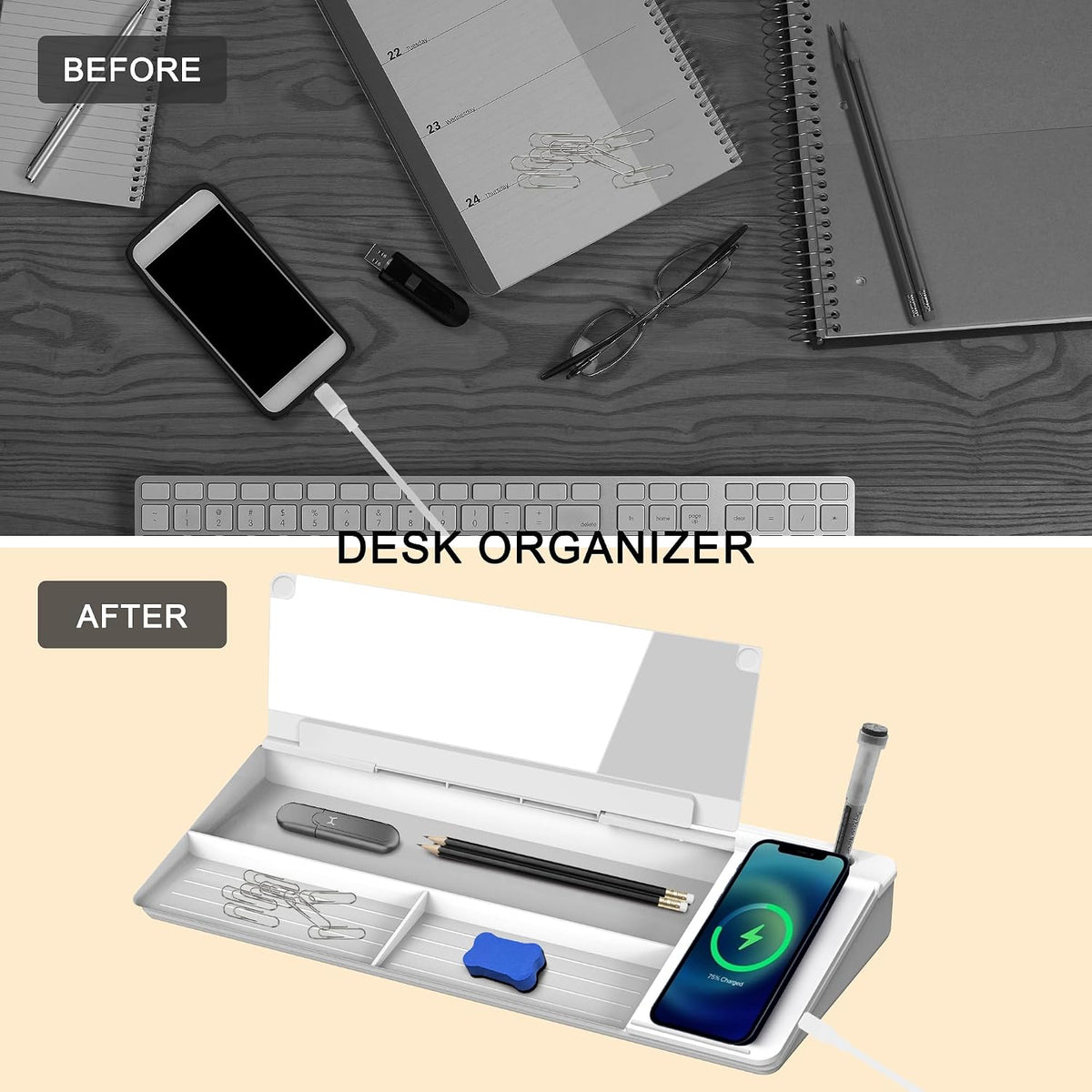 SELEAD Desktop Glass Whiteboard with Wireless Charger and Mirror, White