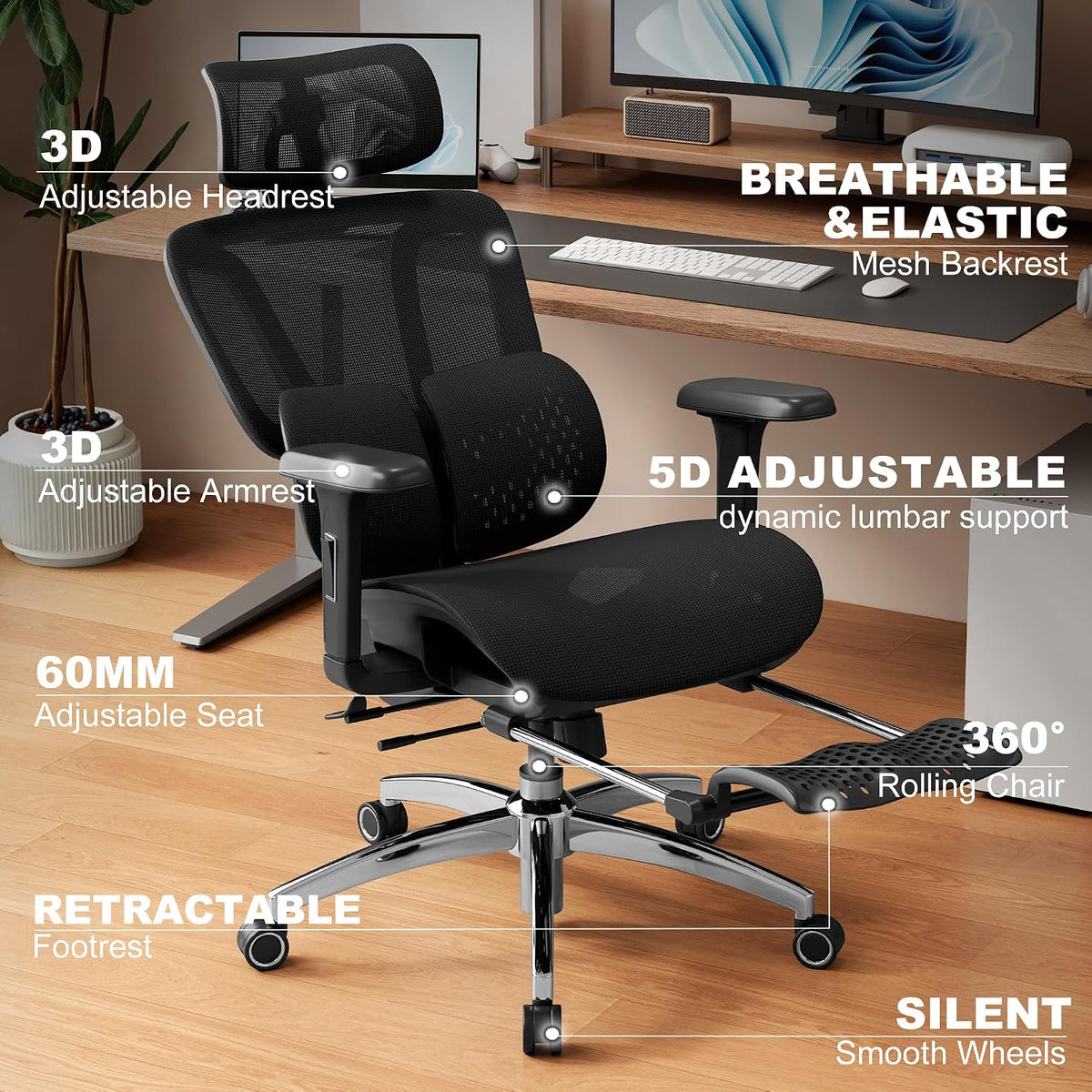 Vonesse Ergonomic Office Chair with Footrest, Desk Chairs with Adjustable 3D ...