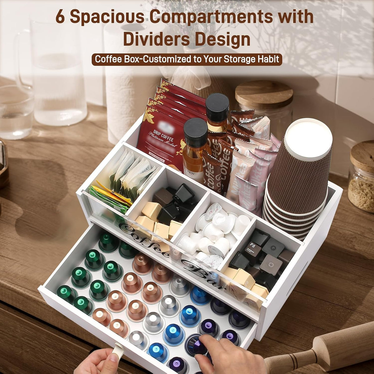 2-Tier Coffee Bar Organizer with Clear Acrylic Top, Built-in Drawer and Leath...