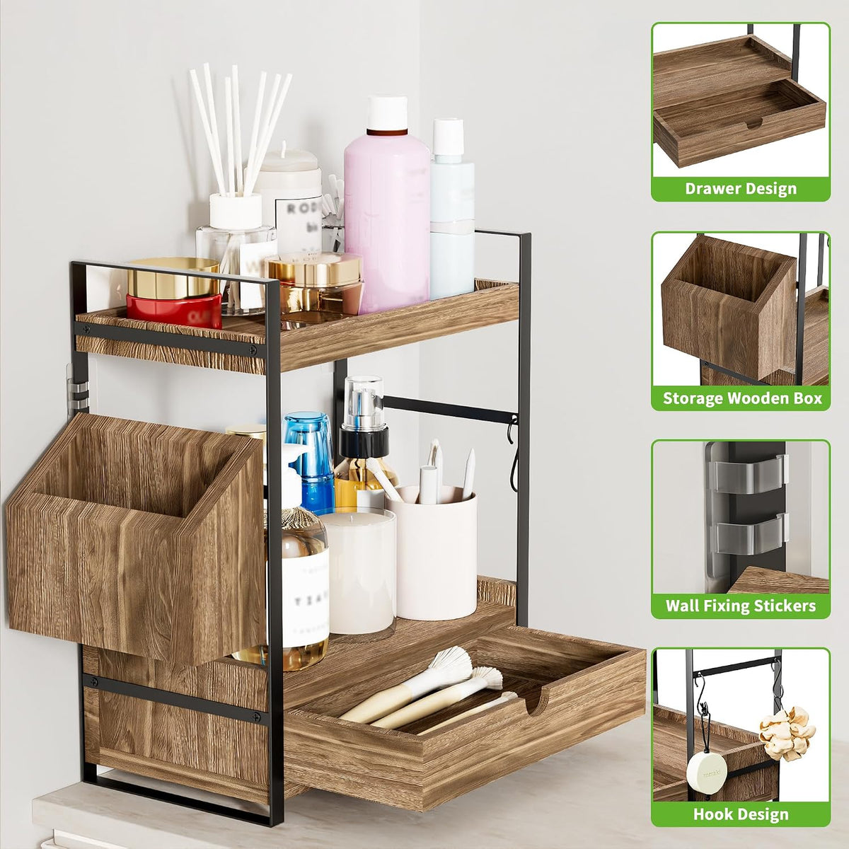 2-Tier Bathroom Counter Organizer, Wooden Vanity Shelf with Drawer & Basket