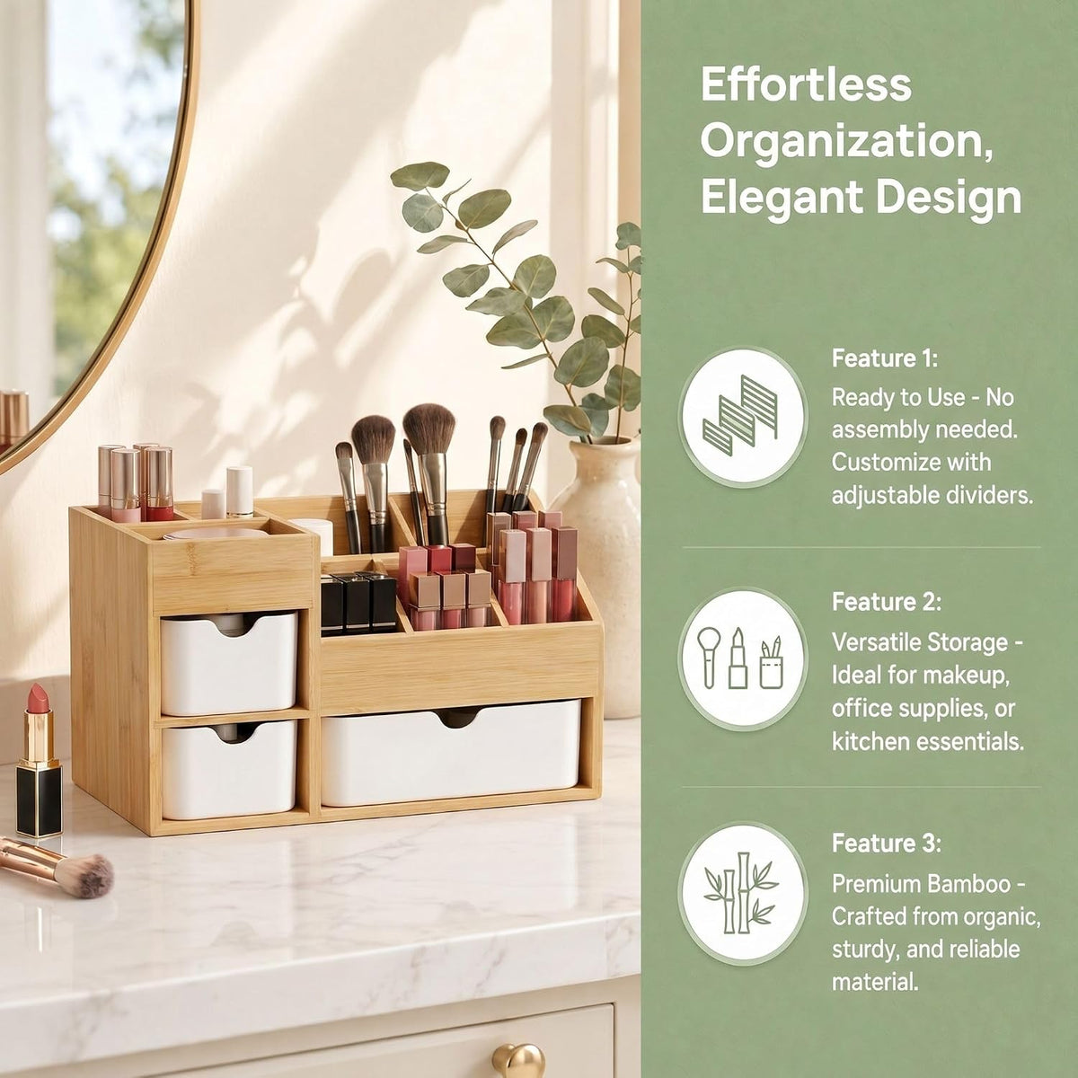 Bamboo Makeup Organizer, 3 Drawers & Adjustable Dividers