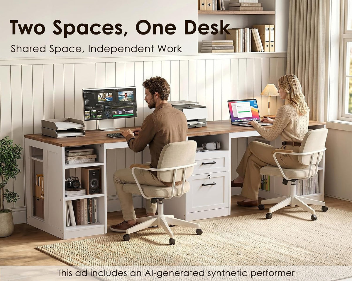 OffiGo Farmhouse 95.3 Inch Two Person Computer Desk, Walnut+ White