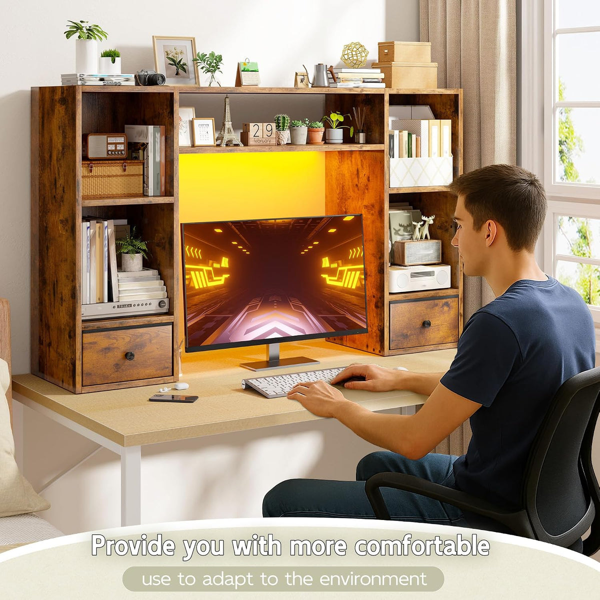 REIBII 47.2" Desktop Bookshelf, 6 Shelves & 2 Drawers, LED Lights, B...