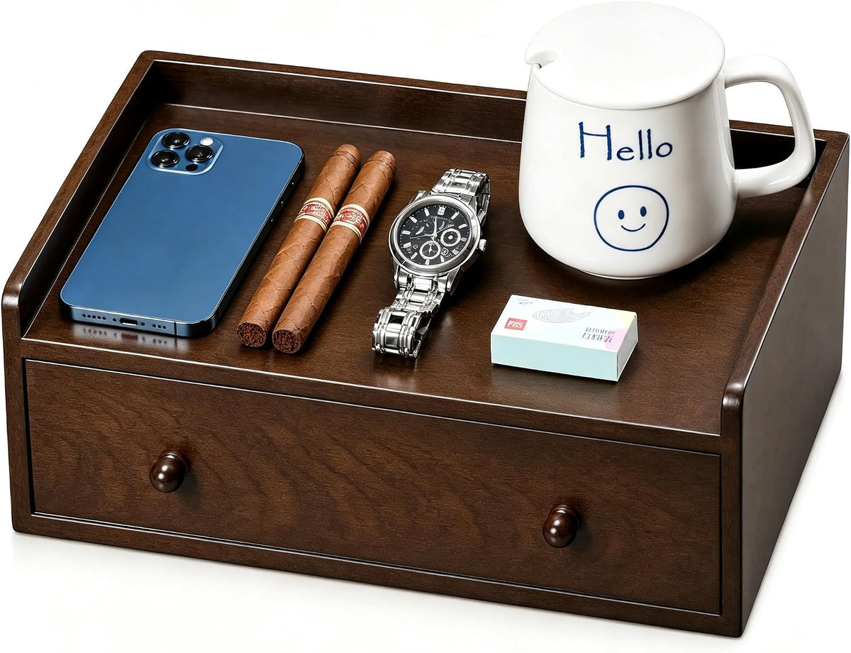 Solid Wood Desk Organizer with Drawer and Adjustable A4 Tray