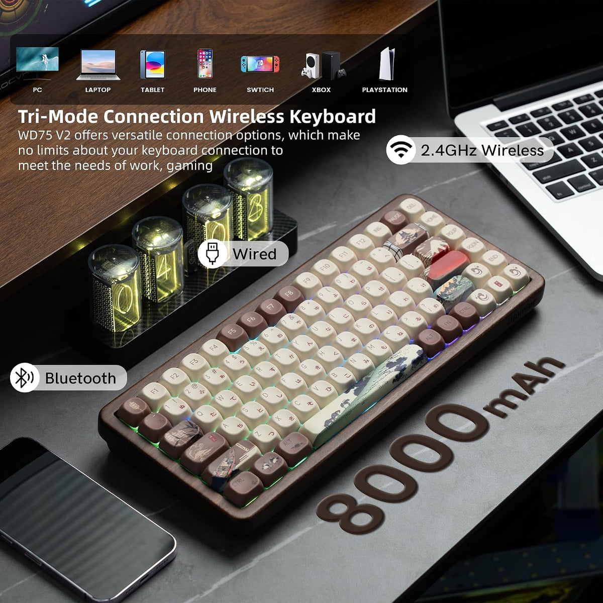 Womier 75% Wireless Creamy Keyboard with Wood Shell, QMK/VIA WD75 V2