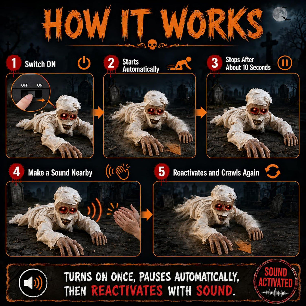 Sound Activated Crawling Mummy Halloween Decoration, Skeleton Face Prop