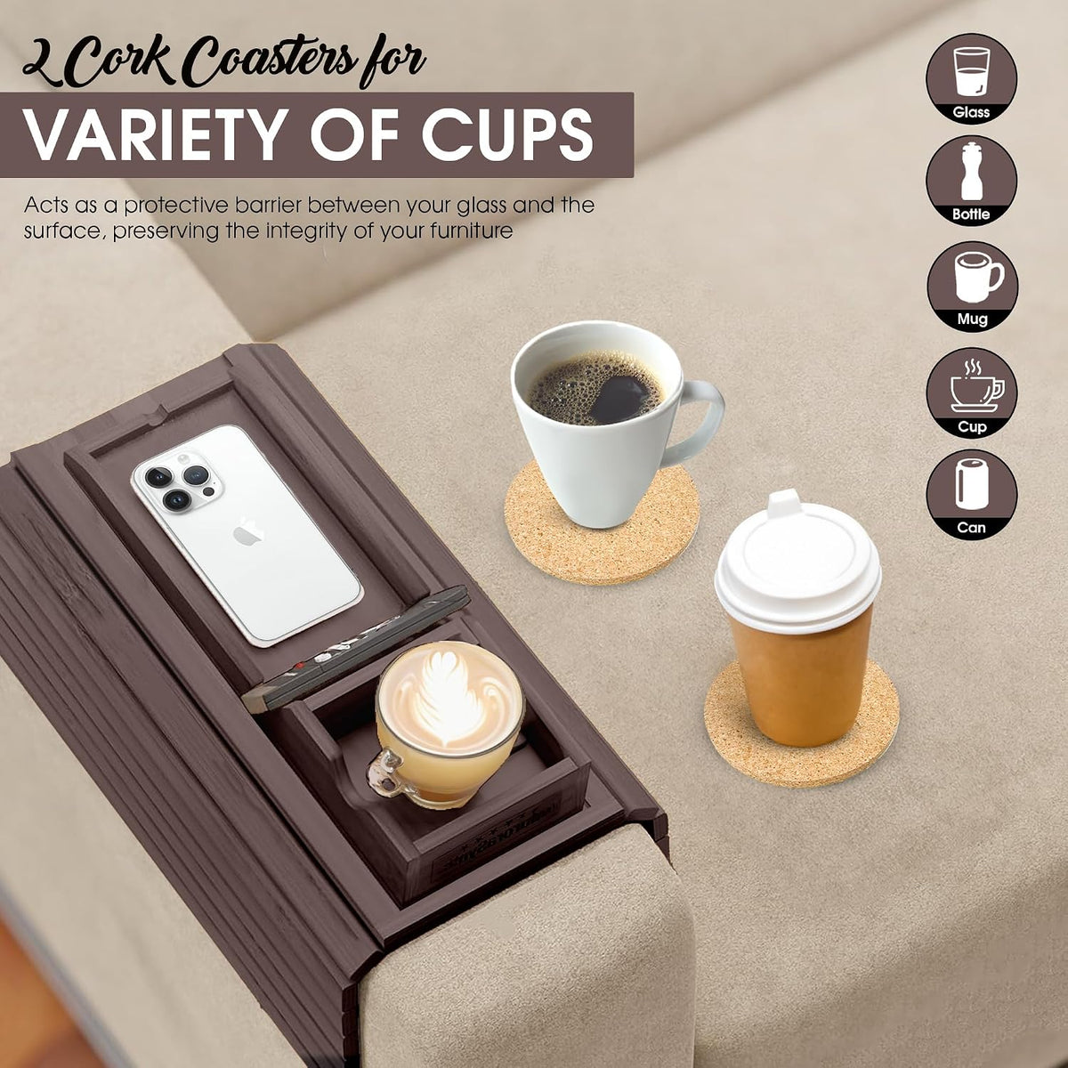 Couch Cup Holder, 2 Cork Coasters, Anti-Slip Foldable Couch Arm Tray Walnut