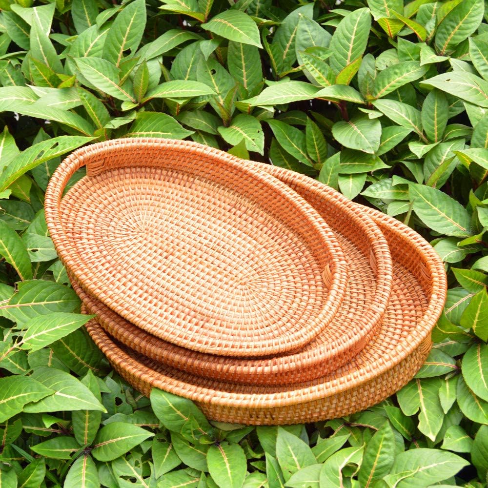3 Pack Handmade Oval Woven Basket Tray, 15 Inch Rattan Storage Baskets with H...