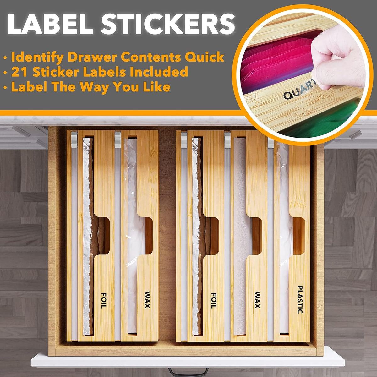 SpaceAid WrapNeat 3 in 1 Wrap Organizer with Cutter and Labels, Plastic Wrap,...