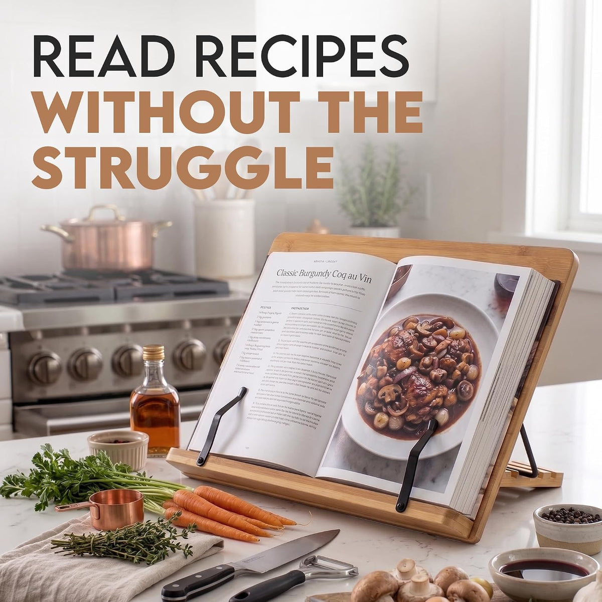 Bamboo Cookbook Stand Large, Adjustable Book Holder Tray and Page Paper Clips...