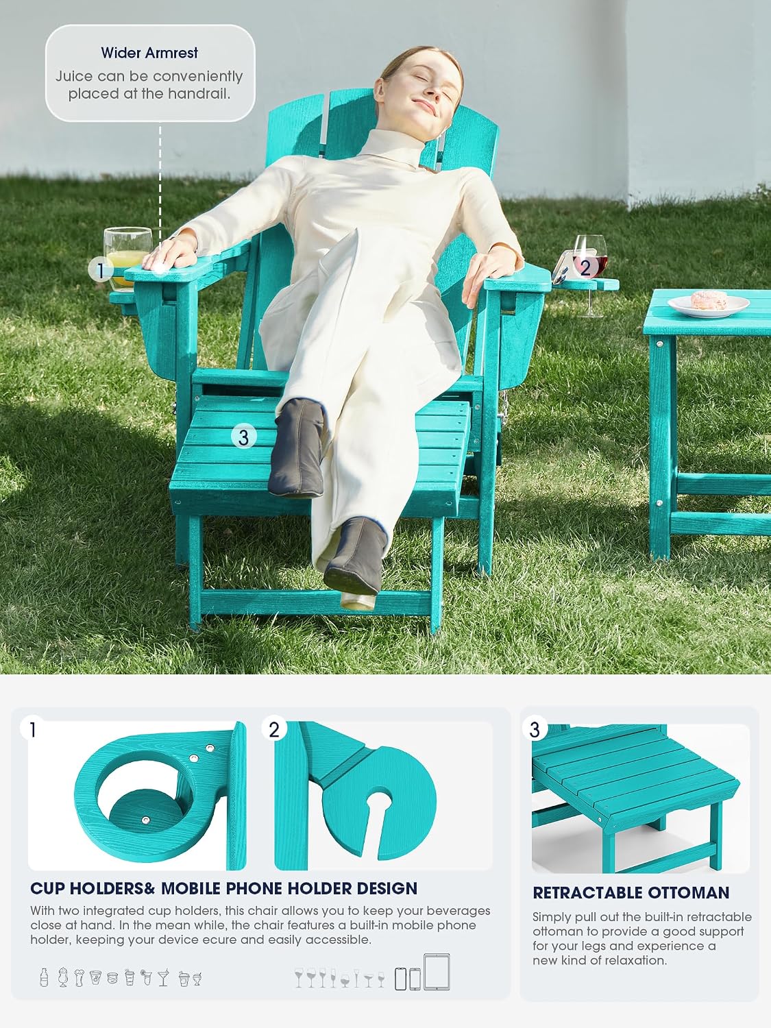 KINGYES Folding Adjustable Adirondack Chair with Ottoman & 2 Cup Holders,...
