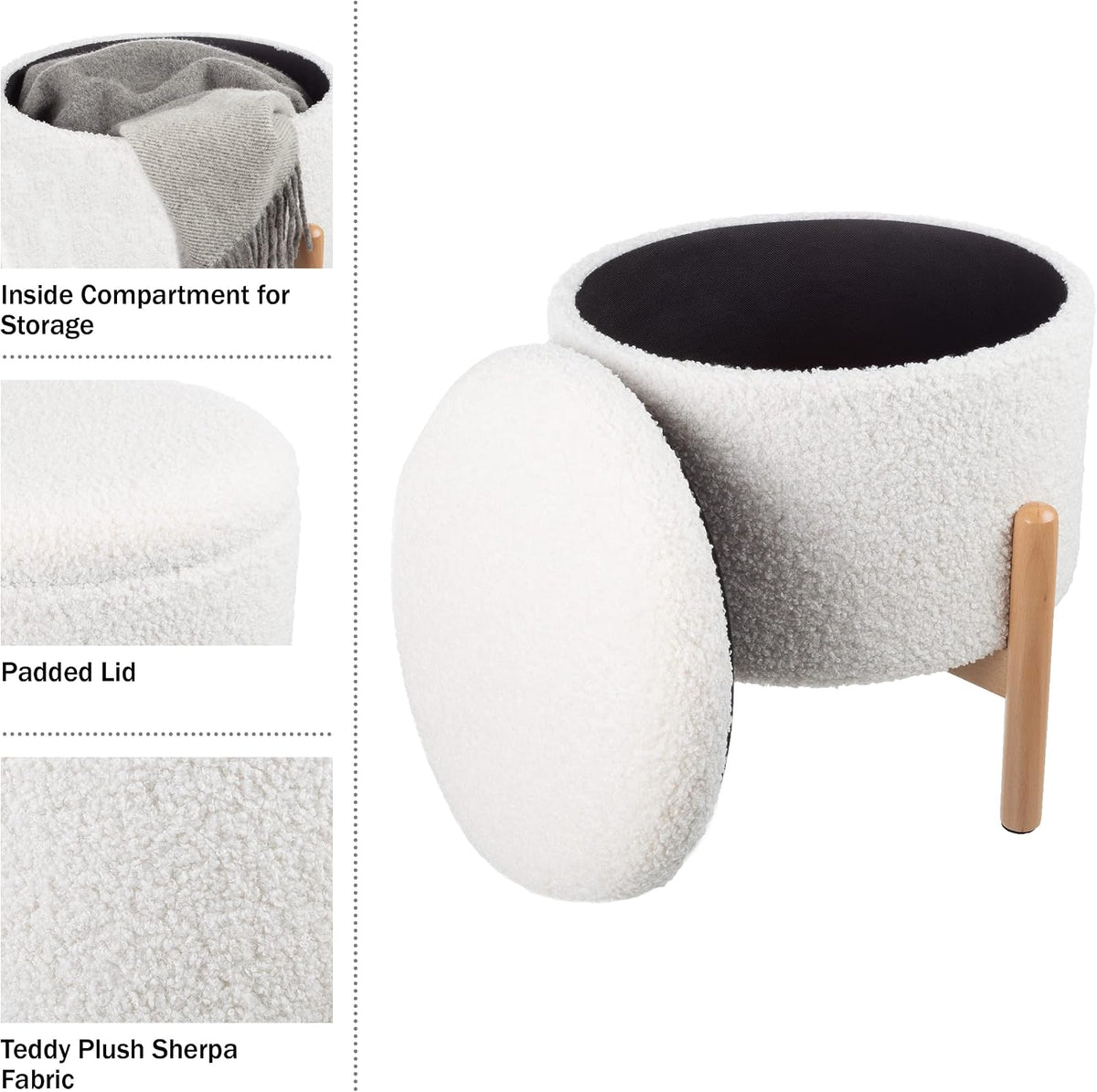Round Sherpa Storage Ottoman Pouf with Removable Lid – Plush Couch Footrest &...