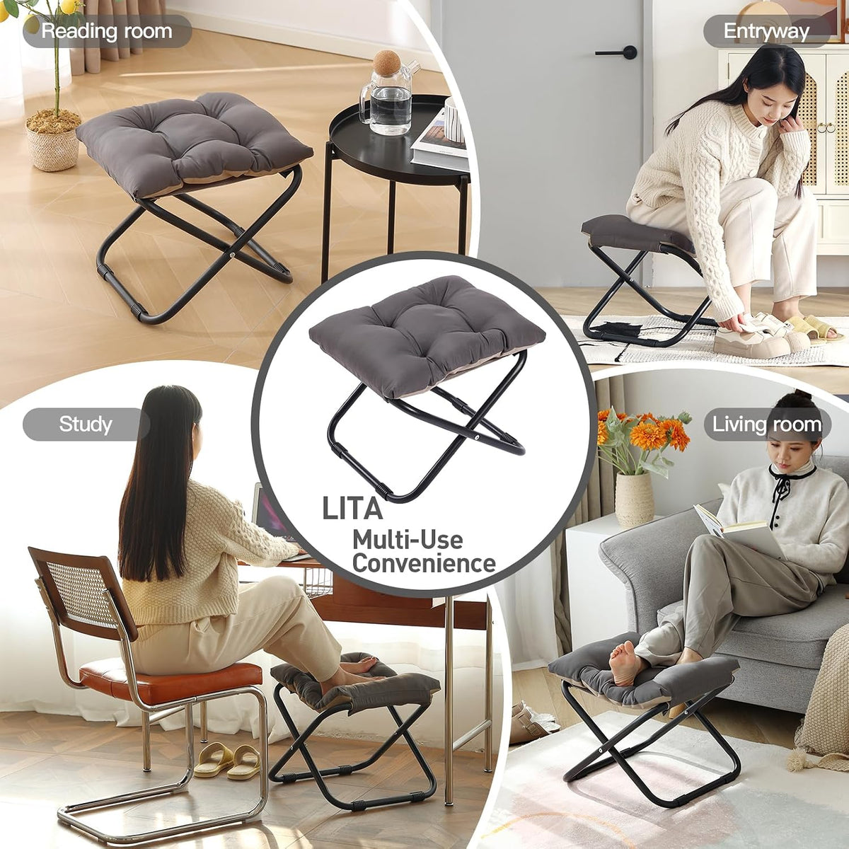 LITA Folding Ottoman, Upholstered Folding Foot Rest Stool for Living Room