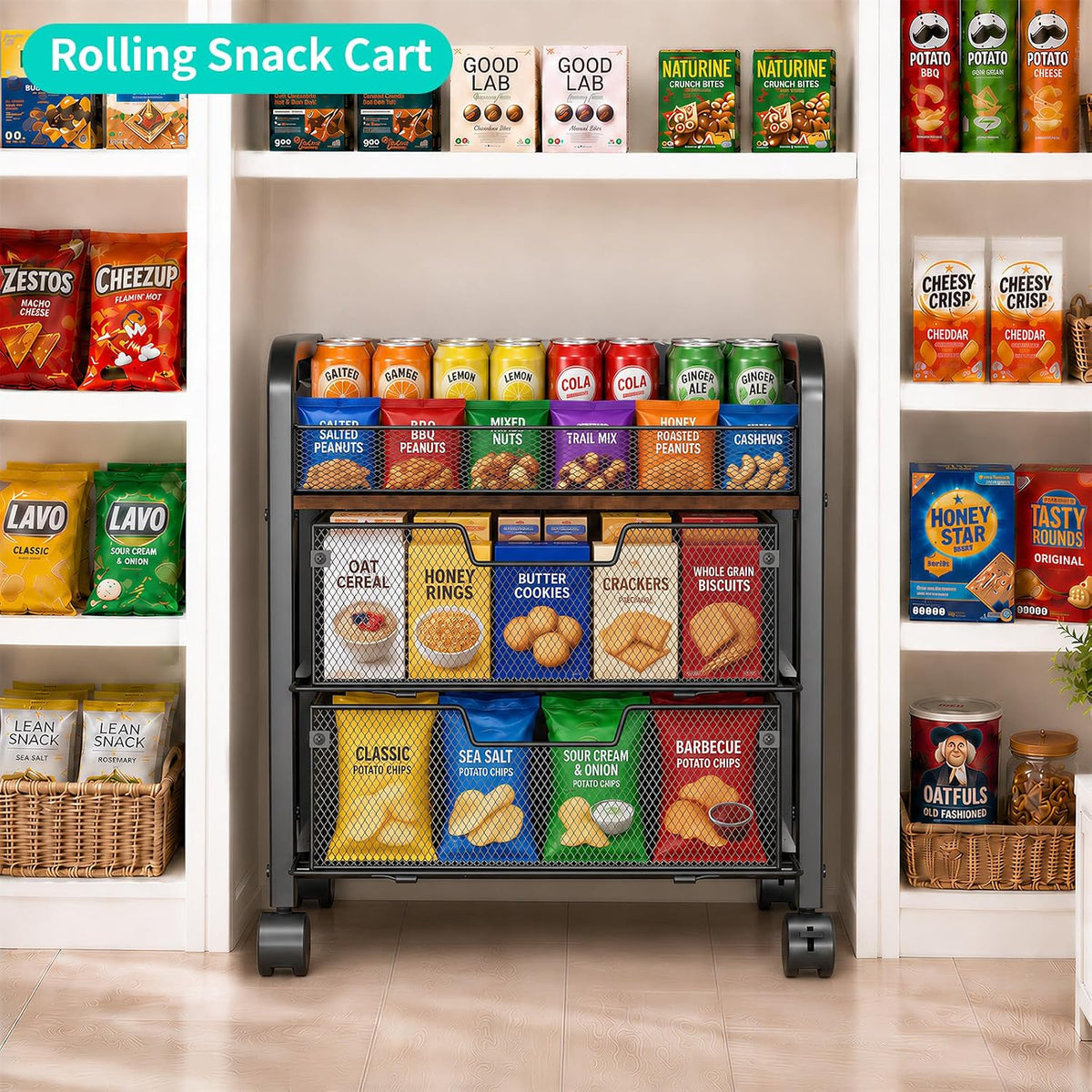 HapiRm 3 Tier Rolling Pantry Organizer Cart- Snack Storage Cart with Wheels