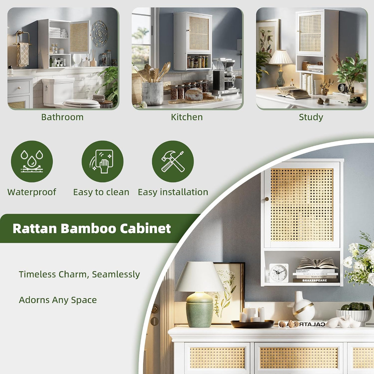 Bathroom Wall Cabinet, Bamboo Over-The-Toilet Storage Organizer with Rattan D...